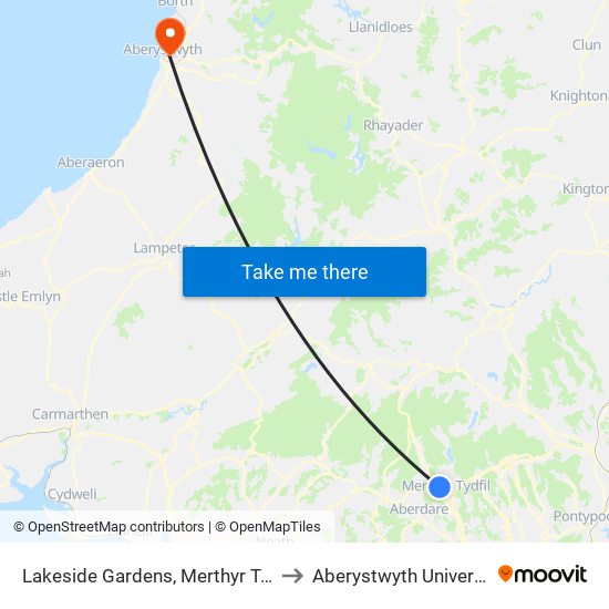 Lakeside Gardens, Merthyr Tydfil to Aberystwyth University map