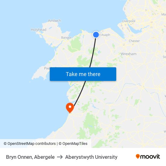 Bryn Onnen, Abergele to Aberystwyth University map