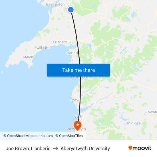 Joe Brown, Llanberis to Aberystwyth University map