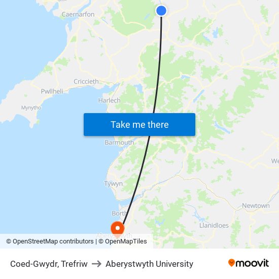 Coed-Gwydr, Trefriw to Aberystwyth University map