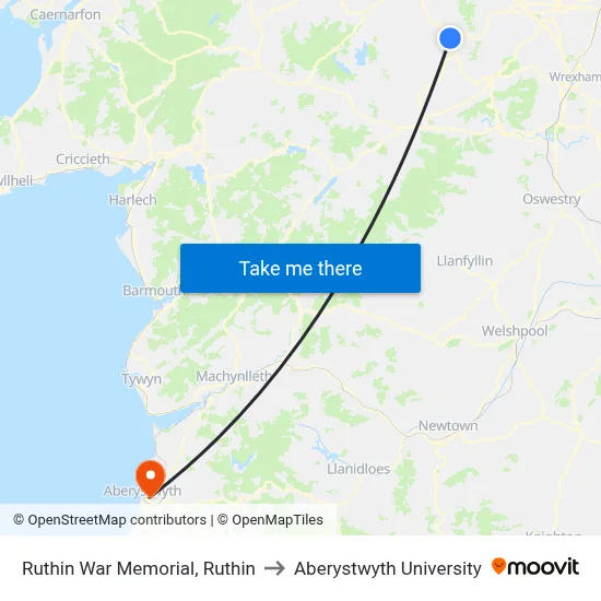 Ruthin War Memorial, Ruthin to Aberystwyth University map