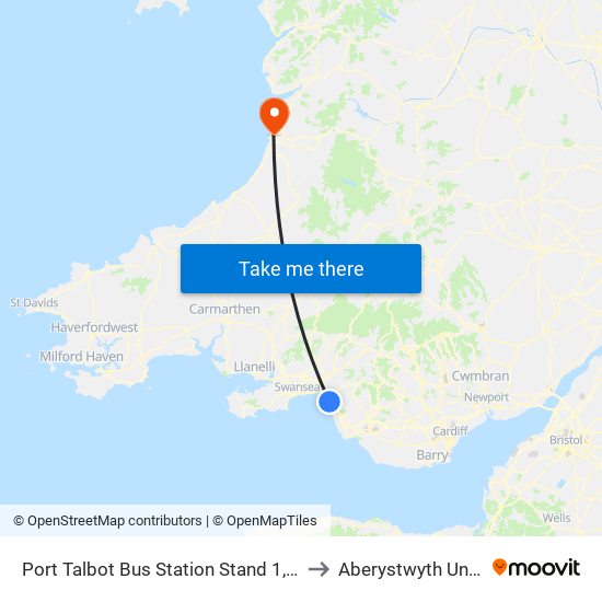Port Talbot Bus Station Stand 1, Port Talbot to Aberystwyth University map