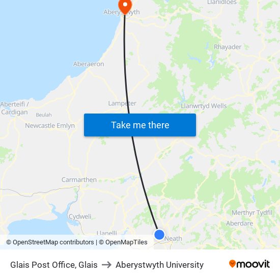 Glais Post Office, Glais to Aberystwyth University map