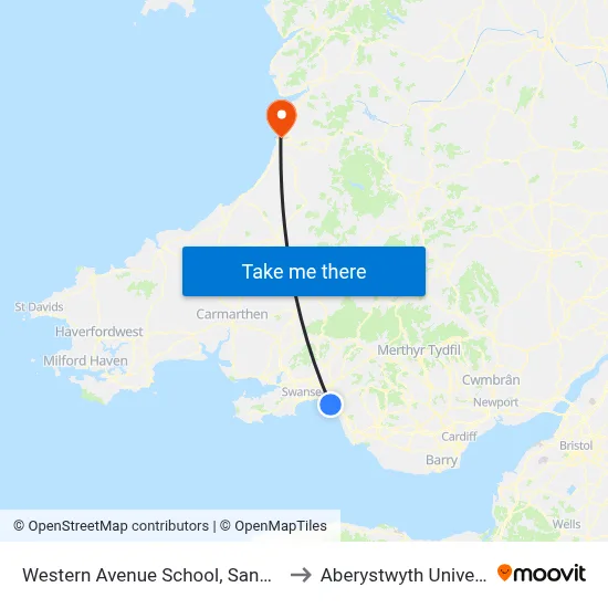 Western Avenue School, Sandfields to Aberystwyth University map
