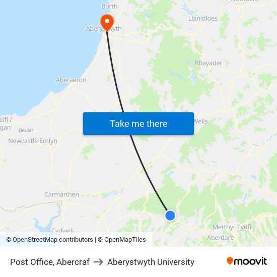 Post Office, Abercraf to Aberystwyth University map