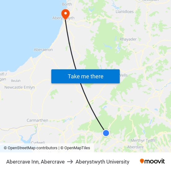 Abercrave Inn, Abercrave to Aberystwyth University map