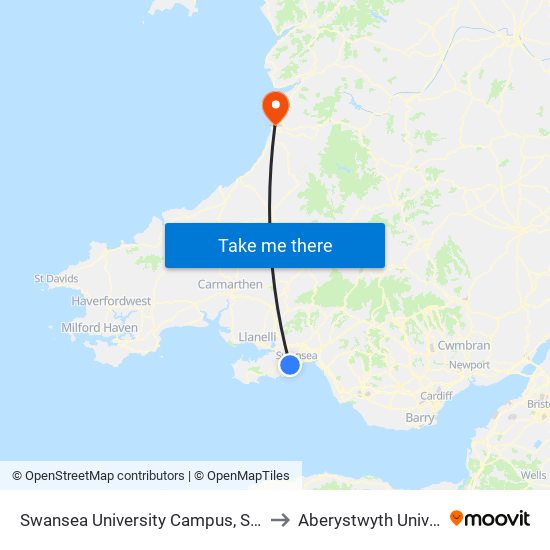 Swansea University Campus, Singleton to Aberystwyth University map