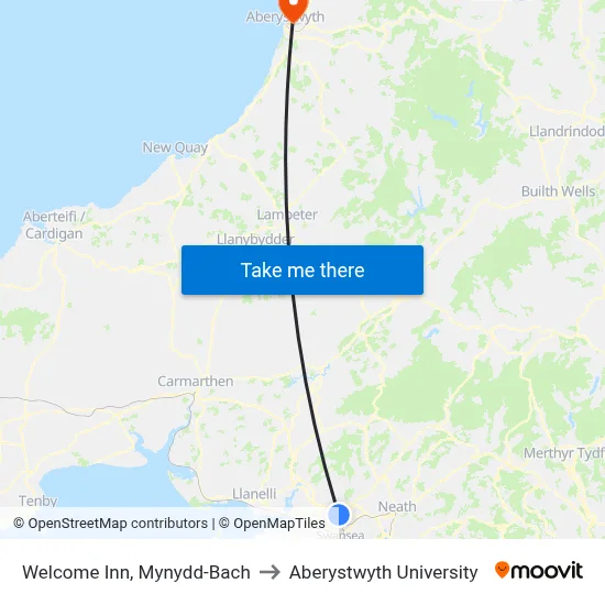 Welcome Inn, Mynydd-Bach to Aberystwyth University map