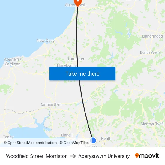 Woodfield Street, Morriston to Aberystwyth University map