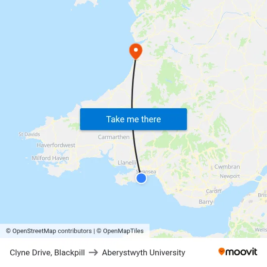 Clyne Drive, Blackpill to Aberystwyth University map