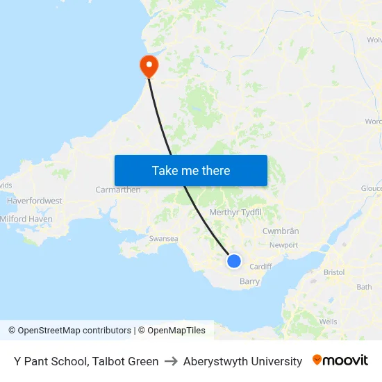 Y Pant School, Talbot Green to Aberystwyth University map