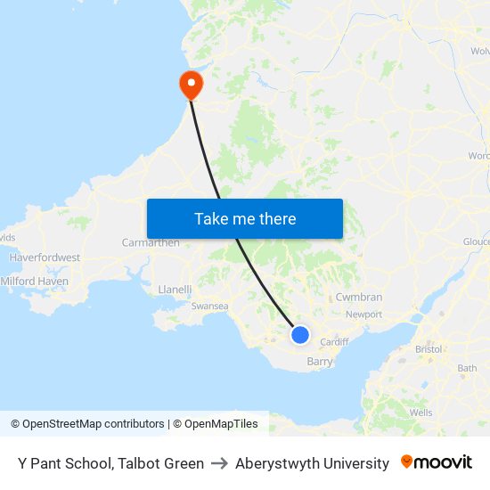 Y Pant School, Talbot Green to Aberystwyth University map