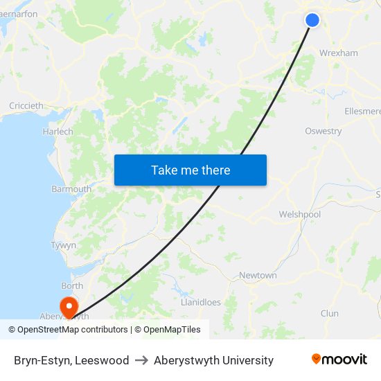 Bryn-Estyn, Leeswood to Aberystwyth University map