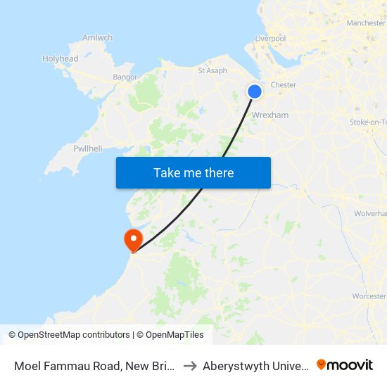 Moel Fammau Road, New Brighton to Aberystwyth University map