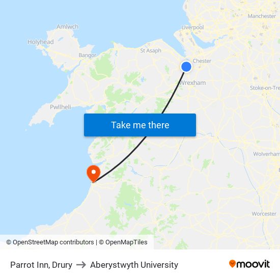 Parrot Inn, Drury to Aberystwyth University map