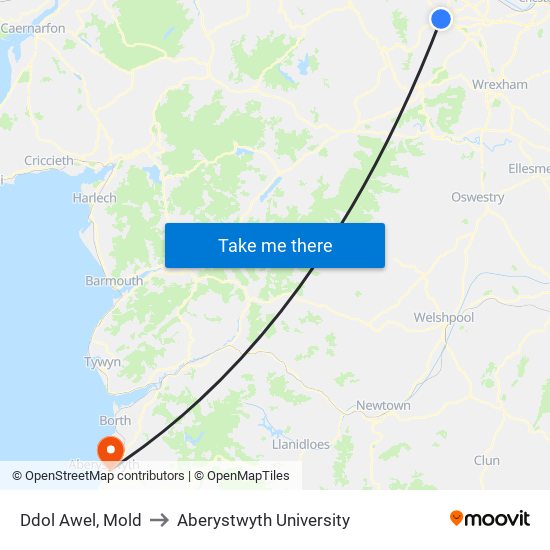 Ddol Awel, Mold to Aberystwyth University map