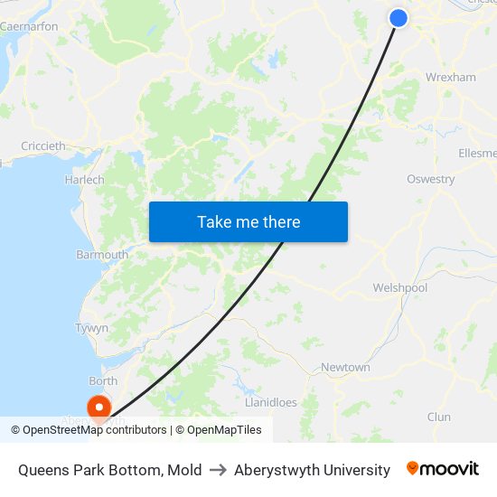 Queens Park Bottom, Mold to Aberystwyth University map