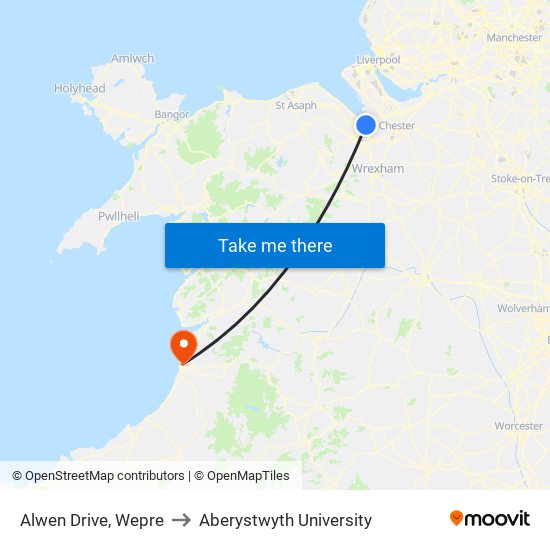 Alwen Drive, Wepre to Aberystwyth University map