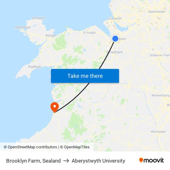 Brooklyn Farm, Sealand to Aberystwyth University map
