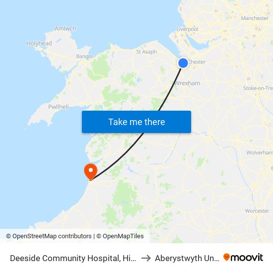Deeside Community Hospital, Higher Shotton to Aberystwyth University map