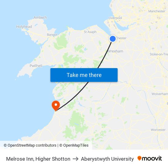 Melrose Inn, Higher Shotton to Aberystwyth University map