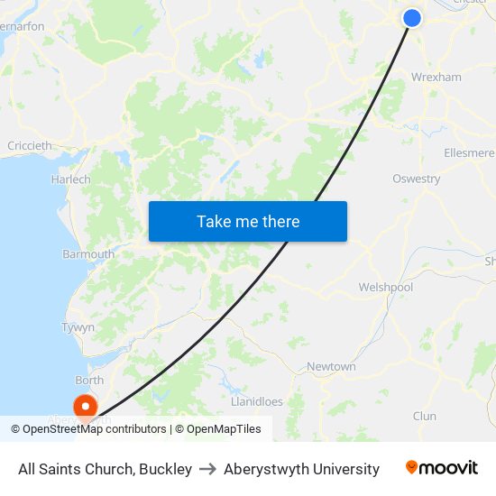 All Saints Church, Buckley to Aberystwyth University map