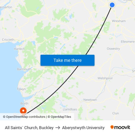All Saints` Church, Buckley to Aberystwyth University map