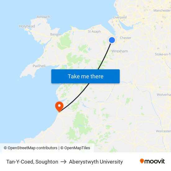 Tan-Y-Coed, Soughton to Aberystwyth University map