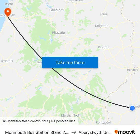 Monmouth Bus Station Stand 2, Monmouth to Aberystwyth University map