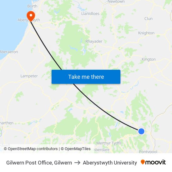 Gilwern Post Office, Gilwern to Aberystwyth University map