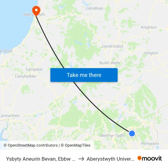 Ysbyty Aneurin Bevan, Ebbw Vale to Aberystwyth University map