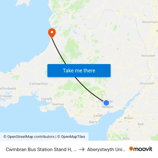 Cwmbran Bus Station Stand H, Cwmbran to Aberystwyth University map