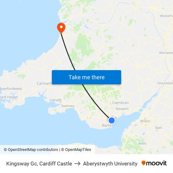 Kingsway Gc, Cardiff Castle to Aberystwyth University map
