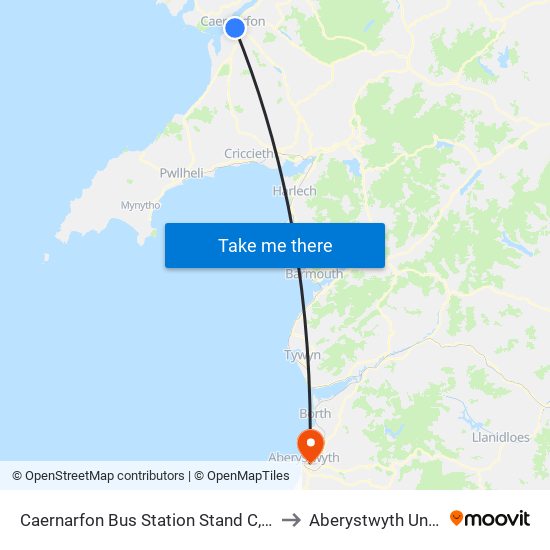 Caernarfon Bus Station Stand C, Caernarfon to Aberystwyth University map