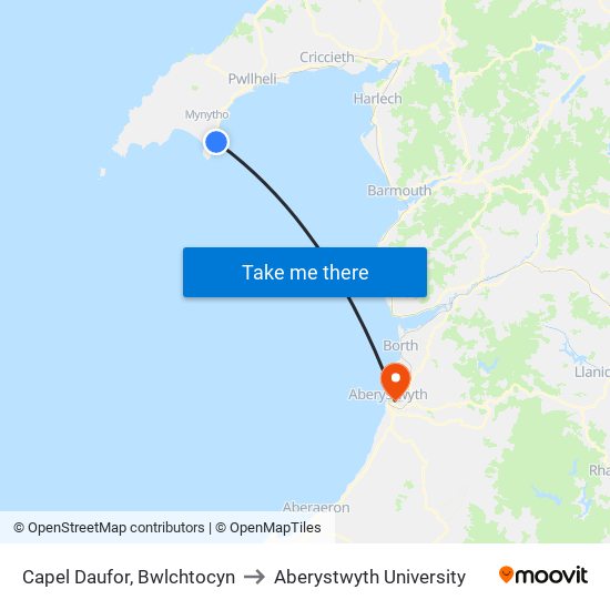 Capel Daufor, Bwlchtocyn to Aberystwyth University map