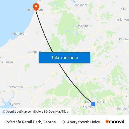 Cyfarthfa Retail Park, Georgetown to Aberystwyth University map