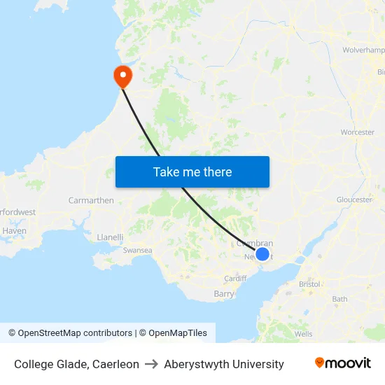 College Glade, Caerleon to Aberystwyth University map