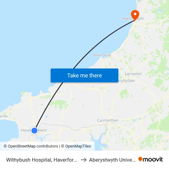 Withybush Hospital, Haverfordwest to Aberystwyth University map