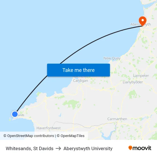 Whitesands, St Davids to Aberystwyth University map