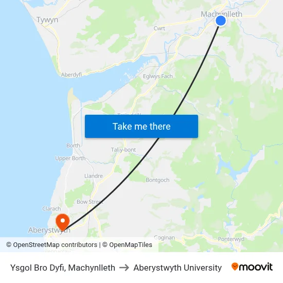 Ysgol Bro Dyfi, Machynlleth to Aberystwyth University map