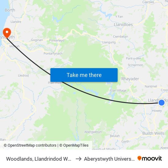 Woodlands, Llandrindod Wells to Aberystwyth University map