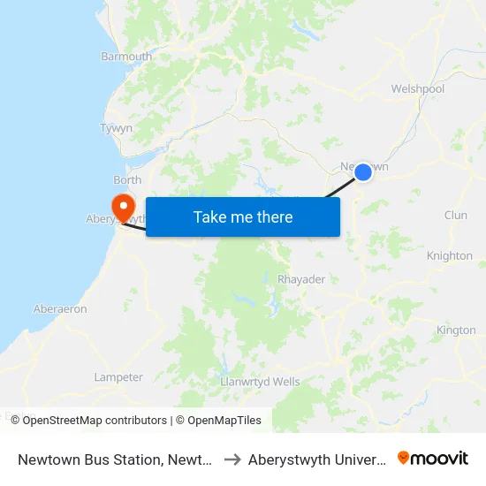 Newtown Bus Station, Newtown to Aberystwyth University map