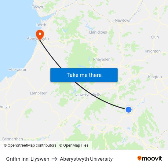 Griffin Inn, Llyswen to Aberystwyth University map