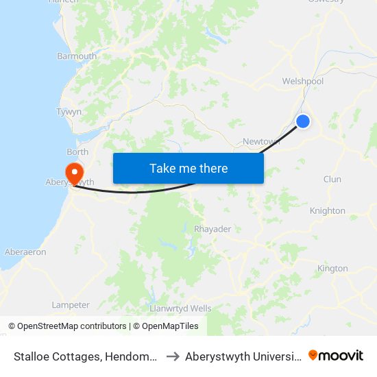 Stalloe Cottages, Hendomen to Aberystwyth University map