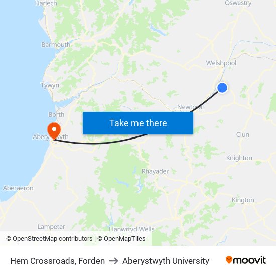 Hem Crossroads, Forden to Aberystwyth University map