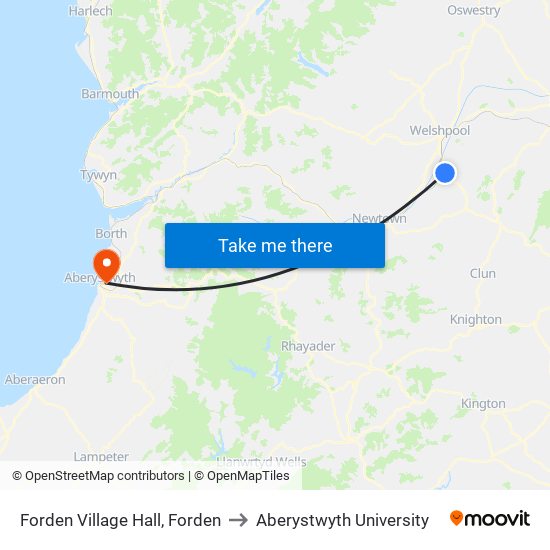 Forden Village Hall, Forden to Aberystwyth University map