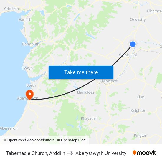 Tabernacle Church, Arddlin to Aberystwyth University map