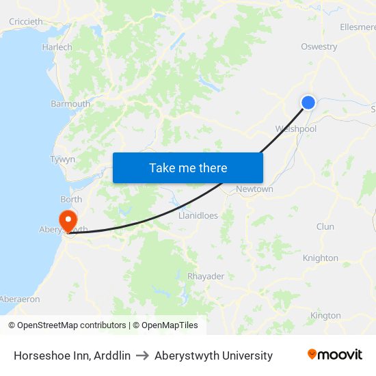 Horseshoe Inn, Arddlin to Aberystwyth University map