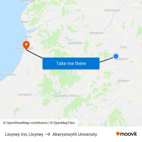 Lloyney Inn, Lloyney to Aberystwyth University map