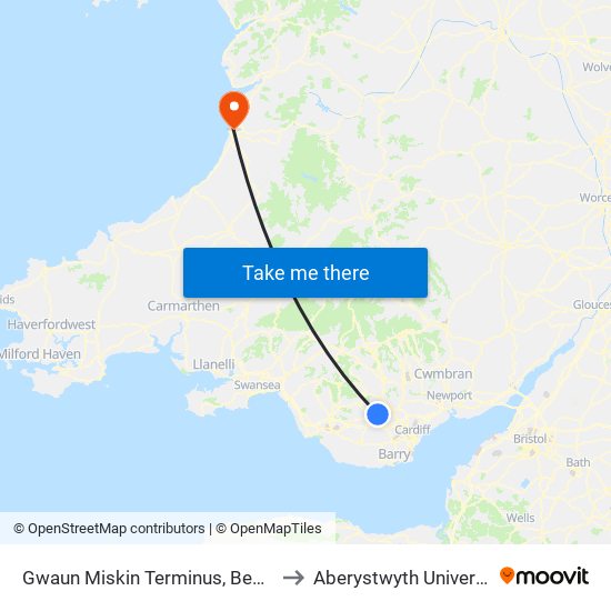 Gwaun Miskin Terminus, Beddau to Aberystwyth University map